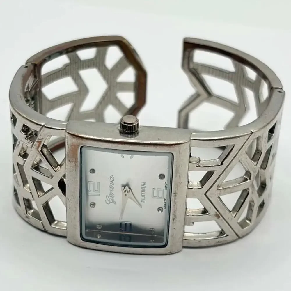 Silver Geometric Geneva Cuff Watch